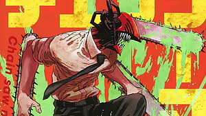 Chainsaw Man Denji Anime Character Illustration with Chainsaw Head and Red Background HD wallpaper