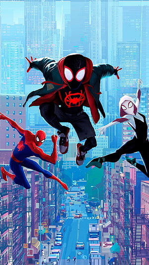 Spider-Man: Into the Spider-Verse Miles Morales and Gwen Stacy Swinging Over City Streets HD phone wallpaper