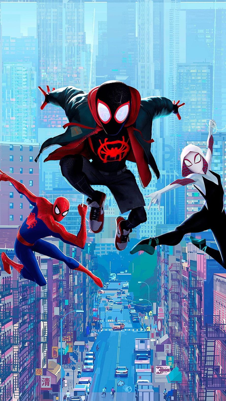 Spider-Man: Into the Spider-Verse Miles Morales and Gwen Stacy Swinging Over City Streets HD phone wallpaper