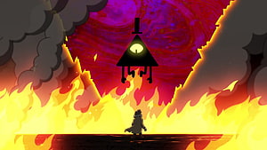 Bill Cipher Confronts Dipper Pines Amidst the Flames of Weirdmageddon in Gravity Falls HD wallpaper