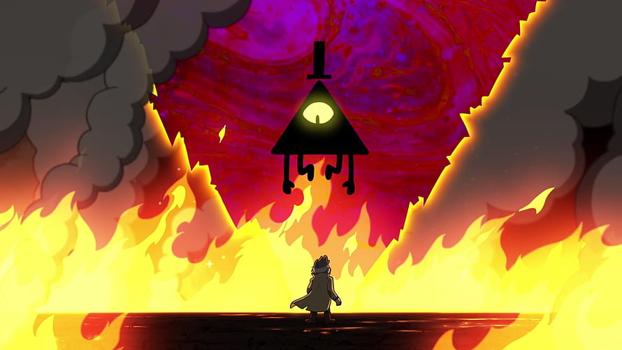 Bill Cipher Confronts Dipper Pines Amidst the Flames of Weirdmageddon in Gravity Falls HD wallpaper