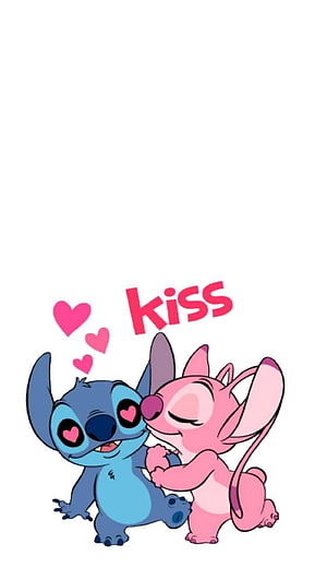 Stitch and Angel sharing a sweet kiss with floating hearts on a clean white background HD phone wallpaper