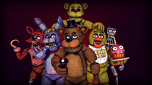 Five Nights at Freddy's animatronic cast group portrait with Freddy, Bonnie, Chica, Foxy, and Mangle HD wallpaper
