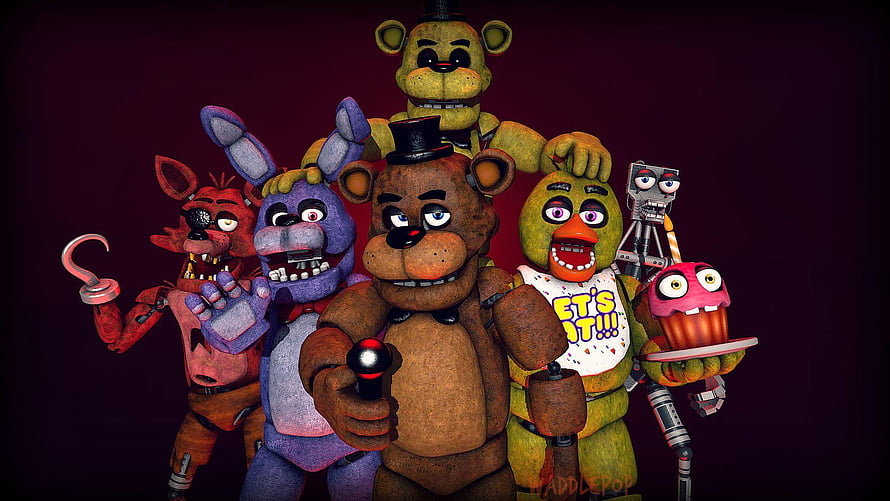 Five Nights at Freddy's animatronic cast group portrait with Freddy, Bonnie, Chica, Foxy, and Mangle HD wallpaper