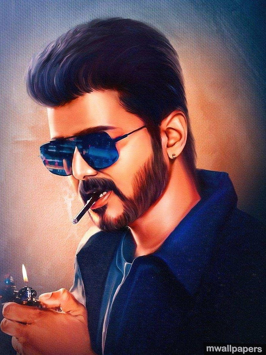Vijay in Sunglasses and Beard Holding a Lighter with a Cigar HD phone wallpaper