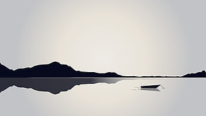 Minimalist Black and White Landscape with Silhouetted Mountains and a Lone Boat on a Calm Lake HD wallpaper