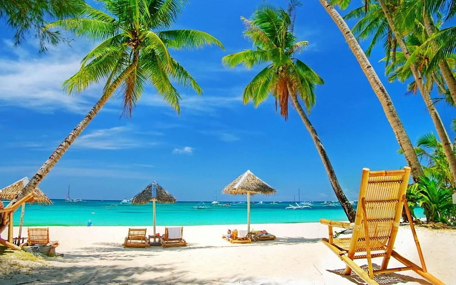 Tropical Beach Scene with Palm Trees, Thatched Umbrellas, and Bamboo Loungers HD wallpaper