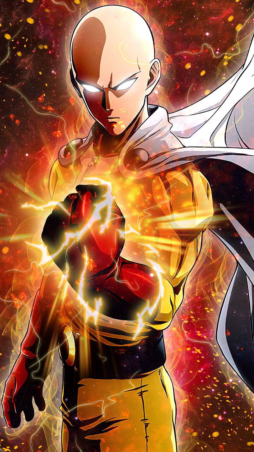 Saitama One Punch Man Anime Character Glowing with Energy and Lightning HD phone wallpaper
