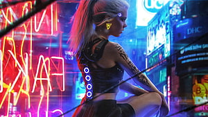 Cyberpunk 2077 Female Character in Neon-Lit Night City Street Scene HD wallpaper