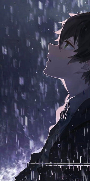 Anime Boy Profile in Rainy Night Cityscape with Melancholic Mood HD phone wallpaper