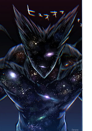 Cosmic Garou Anime Character with Galaxy Skin and Glitch Art Effects HD phone wallpaper