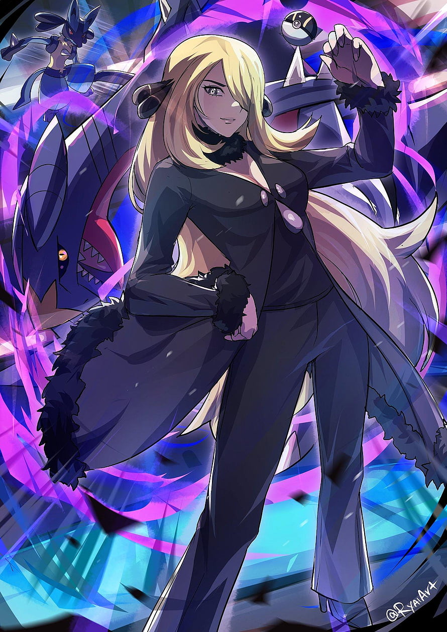 Cynthia the Sinnoh Champion with Garchomp and Lucario in Dynamic Anime Art HD phone wallpaper