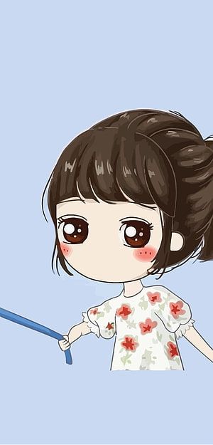 Cute Chibi Girl with Brown Hair and Floral Dress Holding Blue Stick on Light Blue Background HD phone wallpaper
