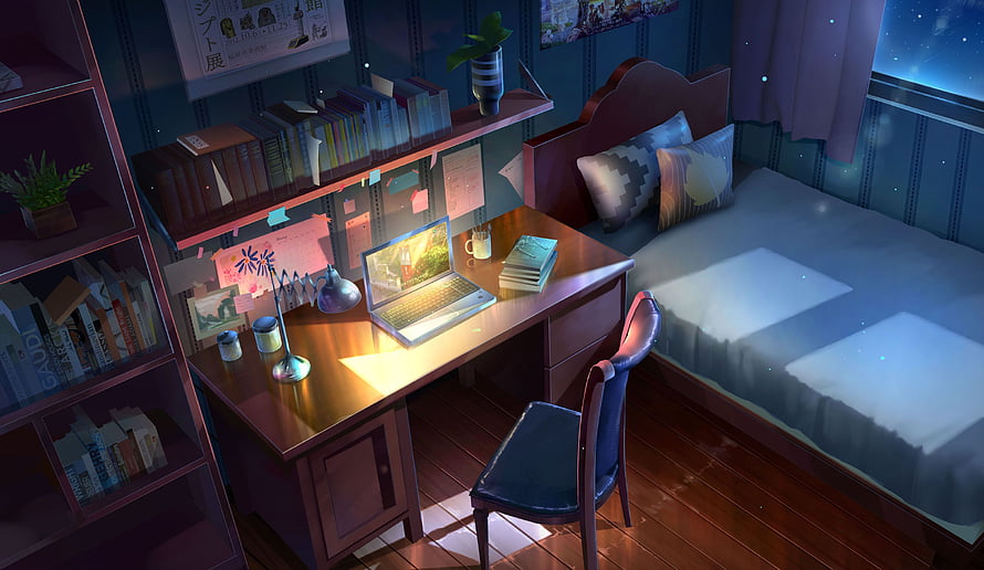 Cozy Anime Bedroom Study Scene With Desk, Laptop, and Nighttime Window View HD wallpaper