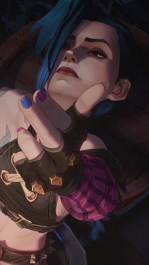 Jinx from Arcane Making Finger Gun Gesture in Stylized Digital Art HD phone wallpaper