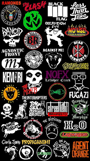 Punk Rock Band Logos and Emblems Collection on Black Background HD phone wallpaper