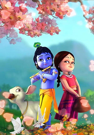 Radha Krishna Cartoon Illustration with Flute, Cow, and Spring Blossoms HD phone wallpaper