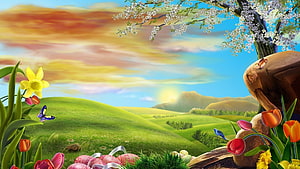 Vibrant Spring Meadow with Easter Eggs, Daffodils, and Blossoming Tree HD wallpaper
