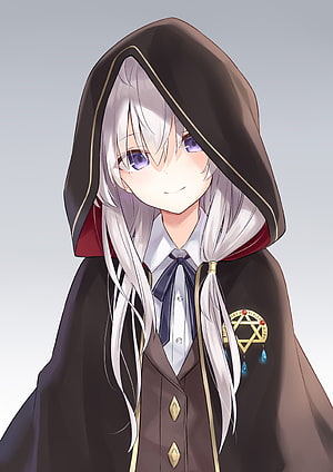 Elaina from Wandering Witch: The Journey of Elaina in a dark hooded cloak with a golden emblem HD phone wallpaper