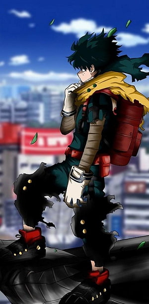 Izuku Midoriya in Full Power Battle Gear Standing on Rooftop HD phone wallpaper