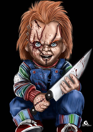 Chucky Digital Art Portrait with Knife and Striped Outfit HD phone wallpaper