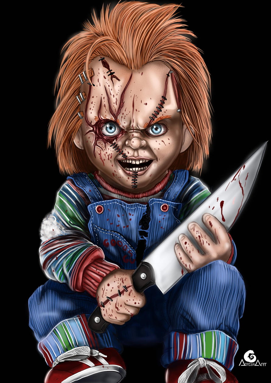 Chucky Digital Art Portrait with Knife and Striped Outfit HD phone wallpaper