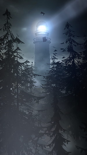 Life Is Strange Lighthouse in Foggy Forest with Glowing Beacon and Dark Pine Trees HD phone wallpaper