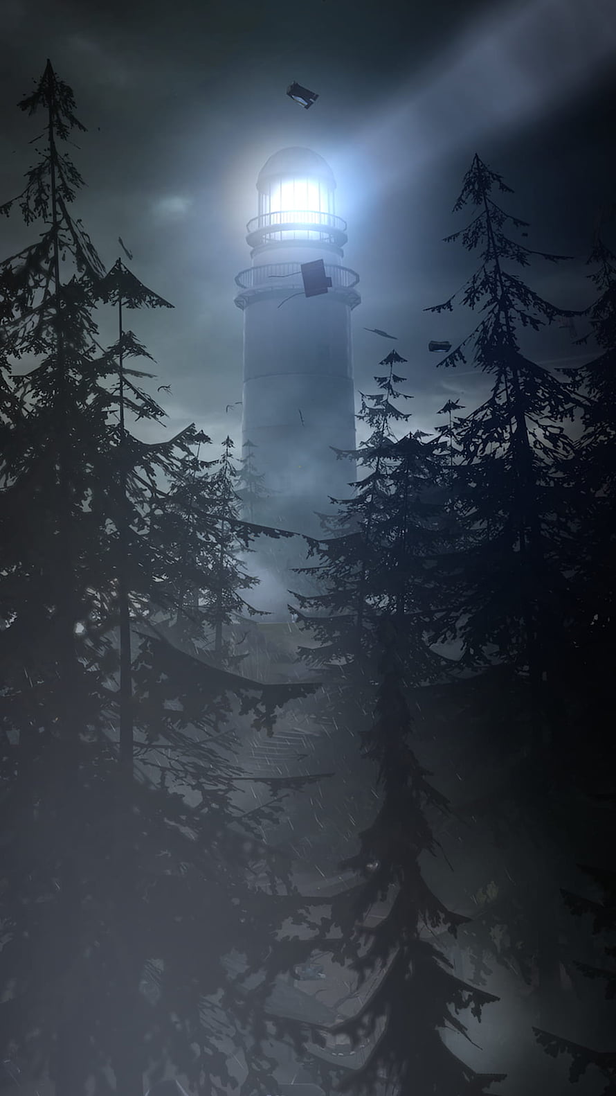Life Is Strange Lighthouse in Foggy Forest with Glowing Beacon and Dark Pine Trees HD phone wallpaper