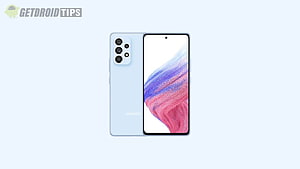 Samsung Galaxy A53 5G smartphone in light blue with triple rear camera and vibrant display HD wallpaper