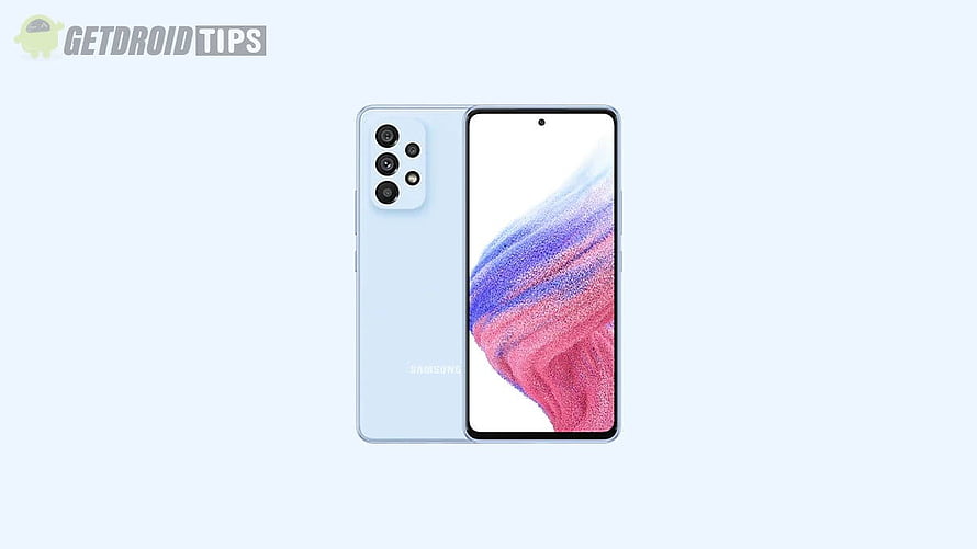 Samsung Galaxy A53 5G smartphone in light blue with triple rear camera and vibrant display HD wallpaper