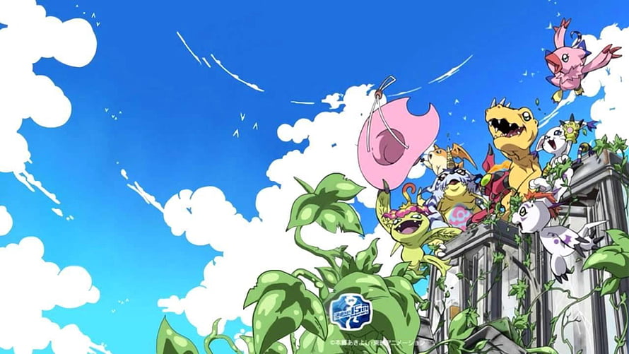 Digimon Adventure Group of Digimon on Ruined Structure Under Blue Sky HD wallpaper