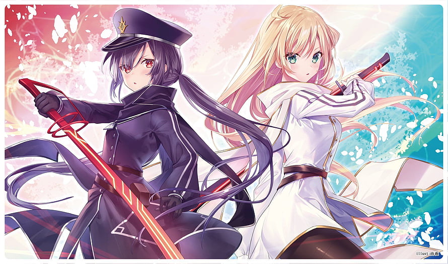 Sky Striker Ace Anime Illustration Featuring Two Swordswomen in Contrasting Uniforms HD wallpaper