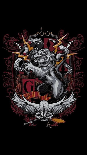 Harry Potter Gryffindor Crest Emblem with Lion, Owl, and Wand on Black Background HD phone wallpaper