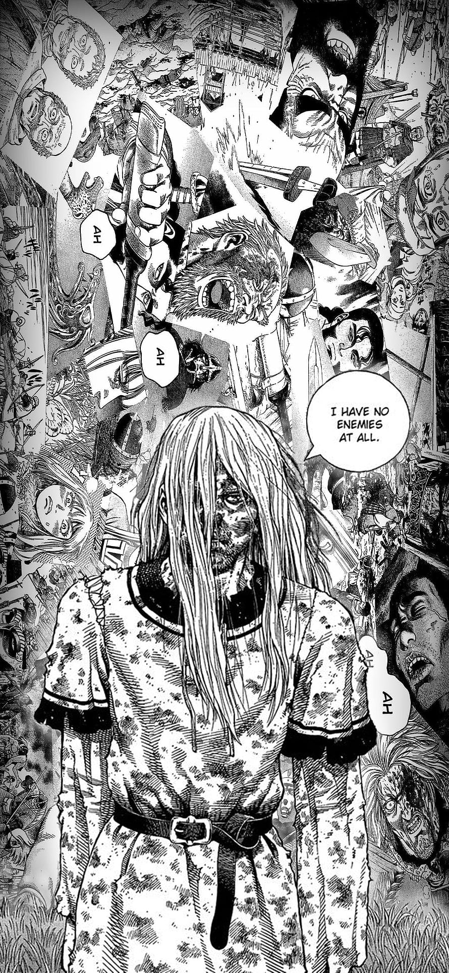 Vinland Saga Manga Panel: Thorfinn Amidst a Chaotic Battle Collage HD phone wallpaper