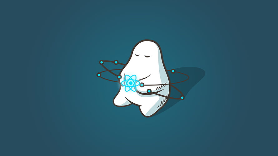 Cute Ghost Holding Glowing Atom Icon on Dark Teal Background HD wallpaper