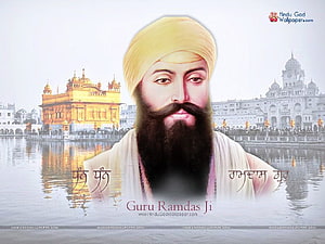 Guru Ram Das Ji Portrait with Golden Temple and Gurdwara Sahib in Amritsar HD wallpaper