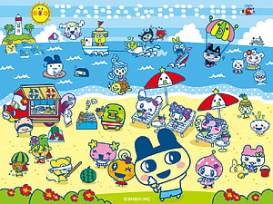 Tamagotchi Characters Enjoying a Vibrant Summer Beach Day with Water Activities and Food Stalls HD wallpaper