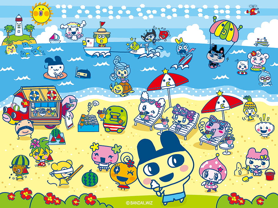 Tamagotchi Characters Enjoying a Vibrant Summer Beach Day with Water Activities and Food Stalls HD wallpaper