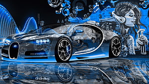 Bugatti Chiron Super Sport in Blue Neon Street Art Style with Graffiti Girl HD wallpaper