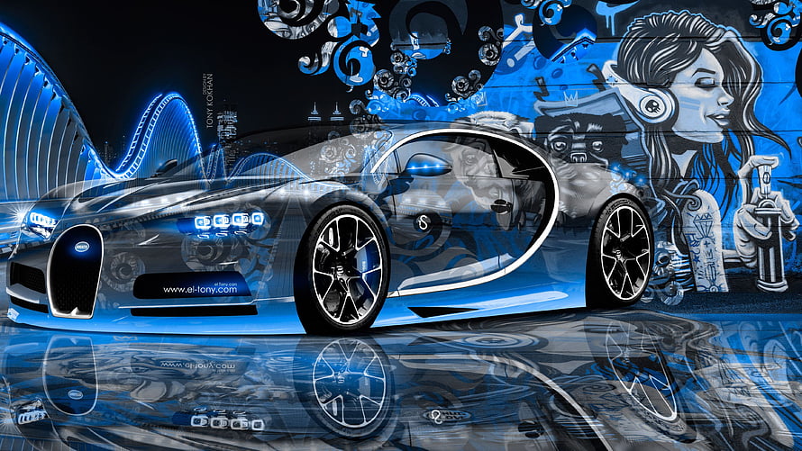 Bugatti Chiron Super Sport in Blue Neon Street Art Style with Graffiti Girl HD wallpaper