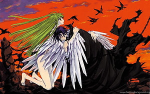 Code Geass Anime Illustration Featuring Winged Characters Against a Fiery Red Sky HD wallpaper
