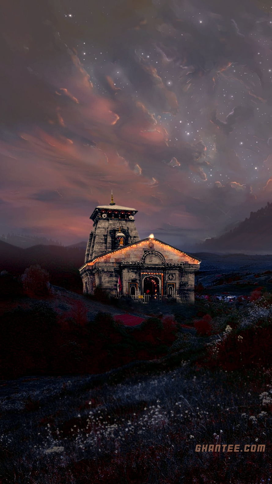 Kedarnath Temple at Night Under a Starry Sky with Dramatic Clouds and Warm Illumination HD phone wallpaper