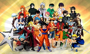 Iconic Anime Heroes Group Portrait Featuring Goku, Luffy, and Naruto in Vibrant Action Pose HD wallpaper