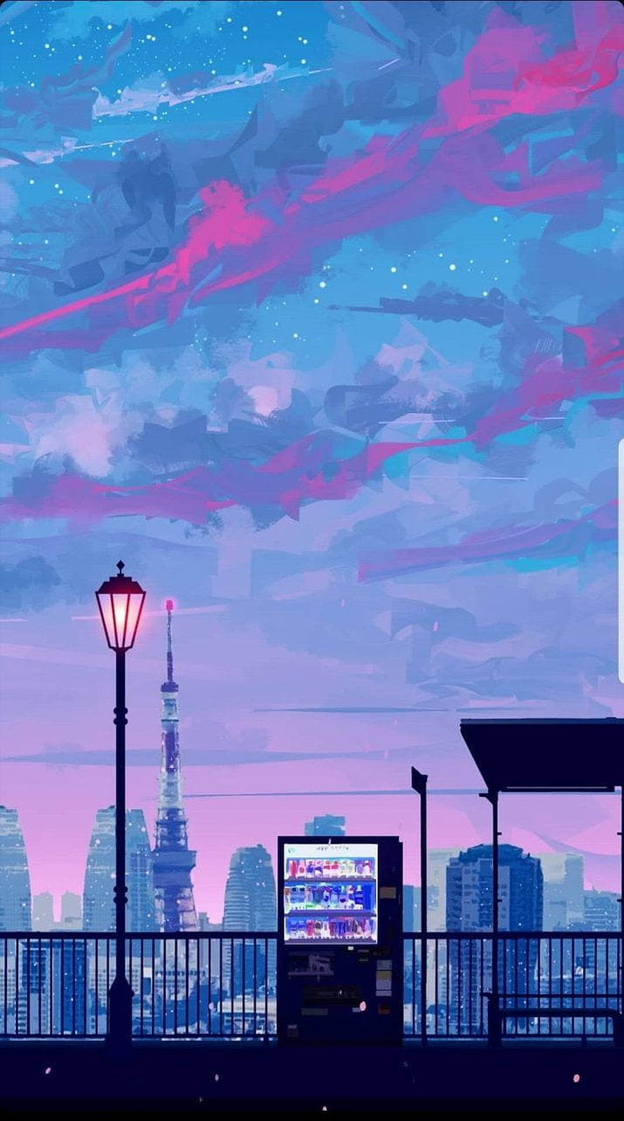 Tokyo Skyline at Dusk with Tokyo Tower, Vending Machine, and Street Lamp in Lofi Digital Art Style HD phone wallpaper