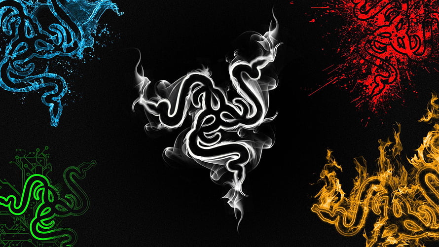 Razer Triple Headed Snake Logo in Smoke, Fire, and Neon Styles on Black Background HD wallpaper