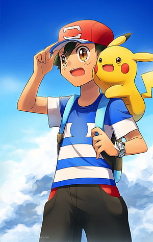 Ash Ketchum and Pikachu in a Bright Blue Sky HD phone wallpaper