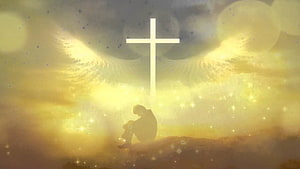Silhouette of a person in prayer beneath a glowing cross with angel wings and golden light HD wallpaper