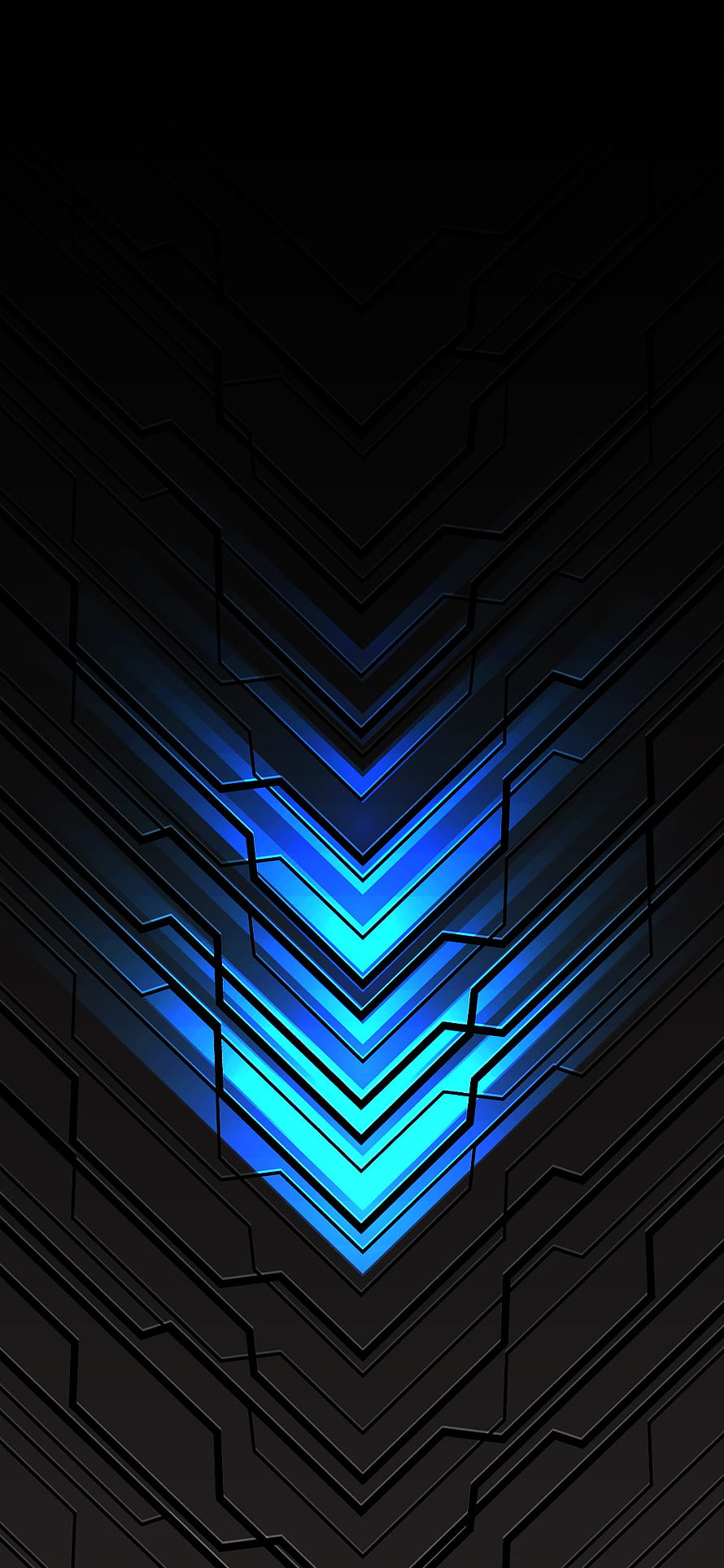 Glowing Blue Chevron Pattern on Black Background with Futuristic Geometric Lines HD phone wallpaper