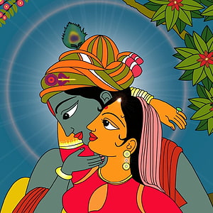 Radha Krishna in Traditional Madhubani Painting Style with Vibrant Colors and Floral Details HD wallpaper