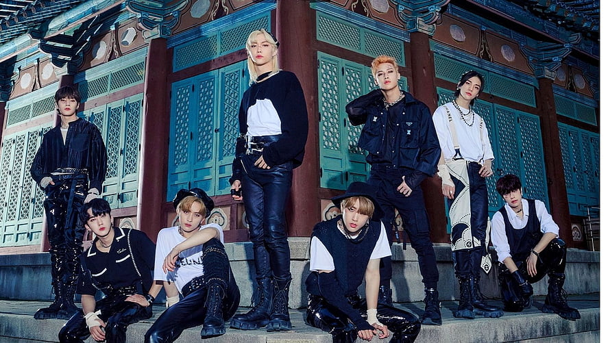 Stray Kids Group Photo in Dark Streetwear at Traditional Korean Palace HD wallpaper